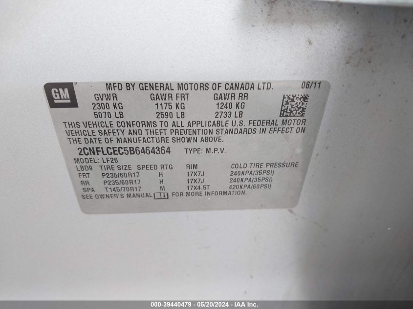 2011 Chevrolet Equinox Ls VIN: 2CNFLCEC5B6464364 Lot: 39440479