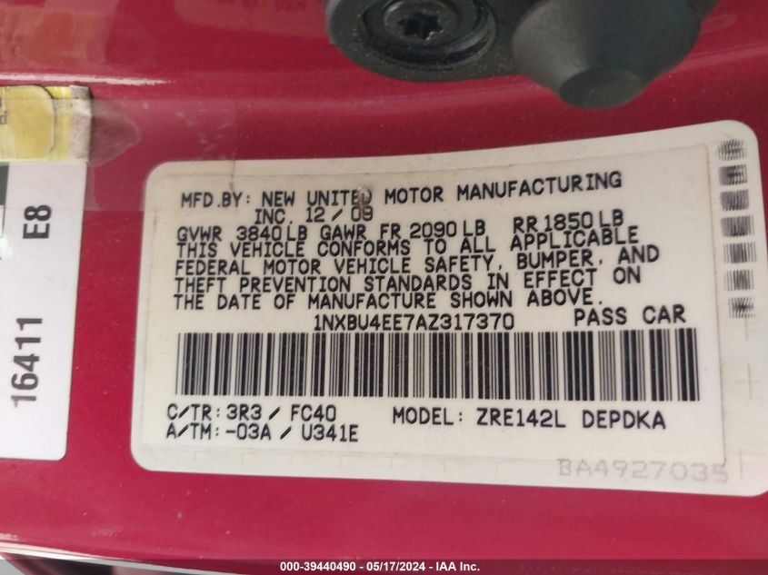 2010 Toyota Corolla Le VIN: 1NXBU4EE7AZ317370 Lot: 39440490