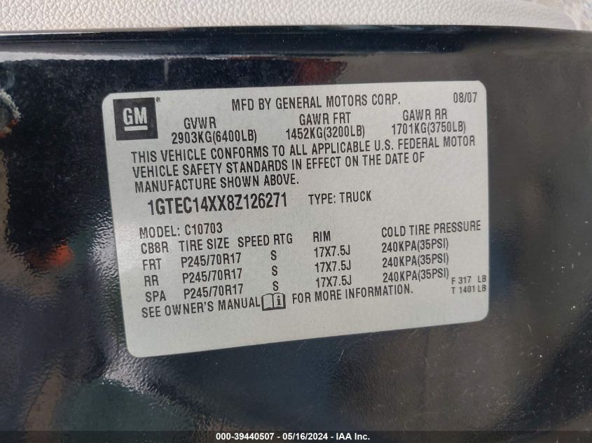 2008 GMC Sierra 1500 Work Truck VIN: 1GTEC14XX8Z126271 Lot: 39440507