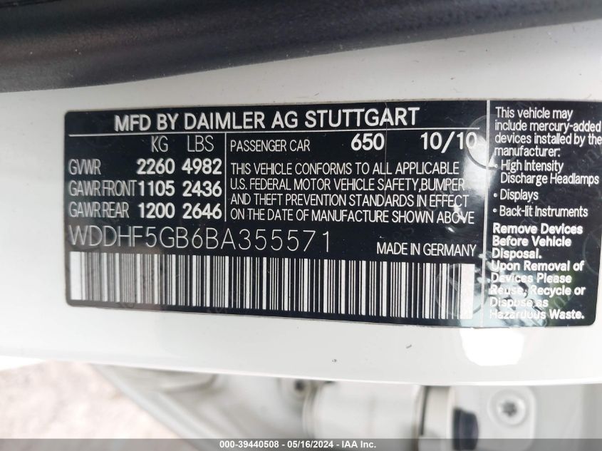 2011 Mercedes-Benz E 350 VIN: WDDHF5GB6BA355571 Lot: 39440508