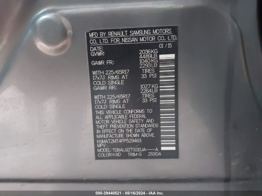 2015 Nissan Rogue Sv VIN: KNMAT2MT4FP529463 Lot: 39440521