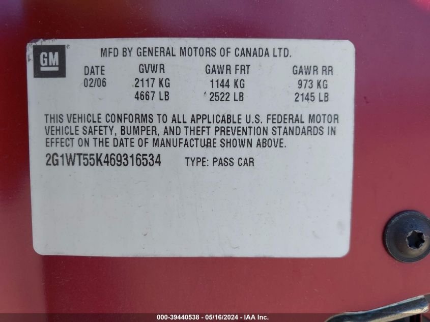 2006 Chevrolet Impala Lt VIN: 2G1WT55K469316534 Lot: 39440538