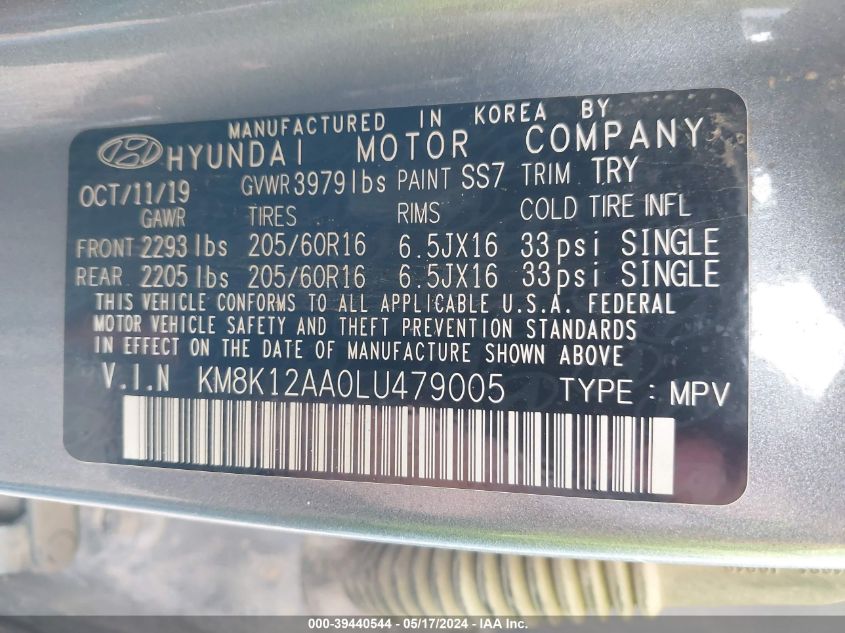 2020 Hyundai Kona Se VIN: KM8K12AA0LU479005 Lot: 39440544