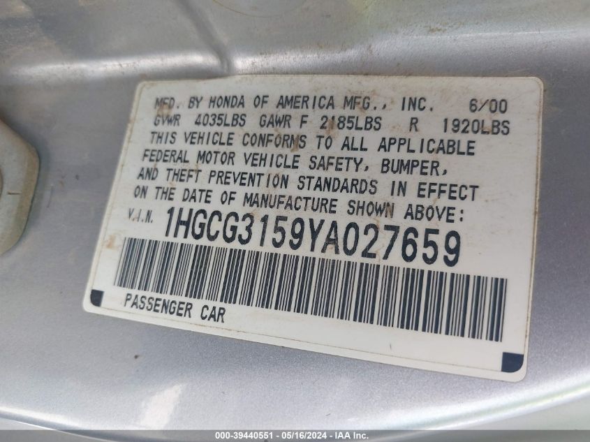 2000 Honda Accord 2.3 Ex VIN: 1HGCG3159YA027659 Lot: 39440551