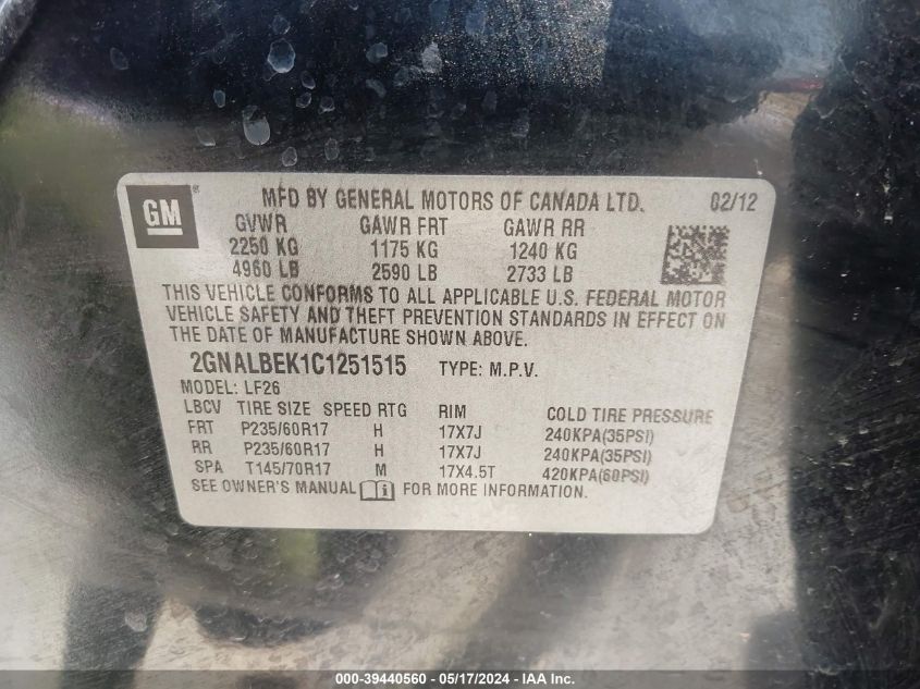 2012 Chevrolet Equinox Ls VIN: 2GNALBEK1C1251515 Lot: 39440560