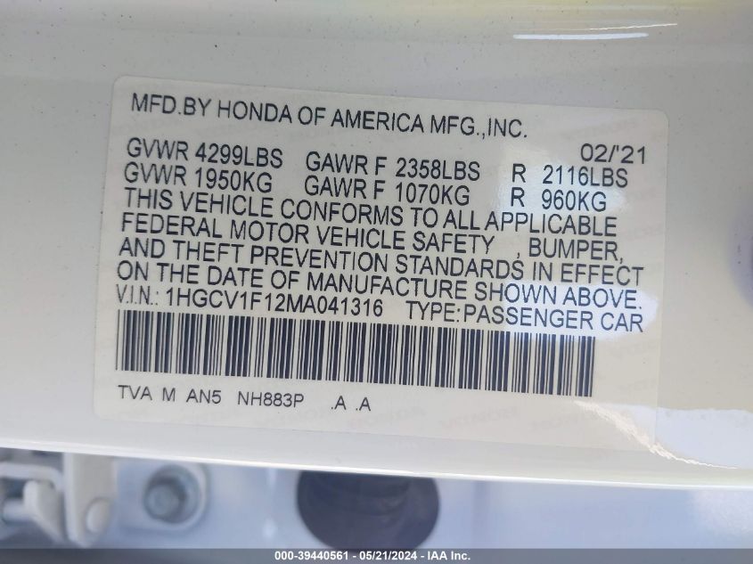 2021 Honda Accord Lx VIN: 1HGCV1F12MA041316 Lot: 39440561