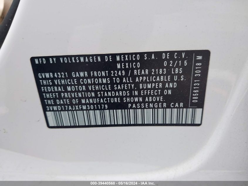 2015 VOLKSWAGEN JETTA 1.8T SE - 3VWD17AJXFM301179
