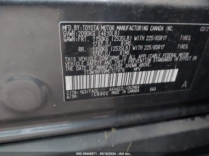 2021 TOYOTA RAV4 XLE/XLE PREMIUM - 2T3W1RFV9MC127878