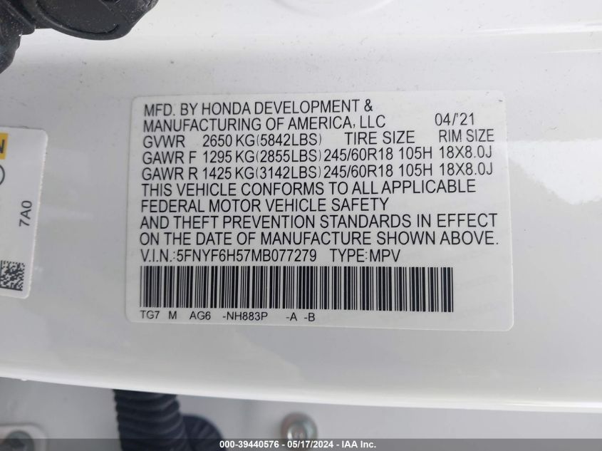 2021 Honda Pilot Awd Ex-L VIN: 5FNYF6H57MB077279 Lot: 39440576