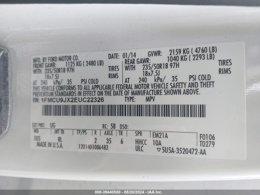 2014 Ford Escape Titanium VIN: 1FMCU9JX2EUC22326 Lot: 39440580