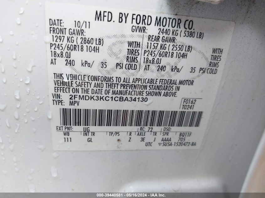 2012 Ford Edge Limited VIN: 2FMDK3KC1CBA34130 Lot: 39440581