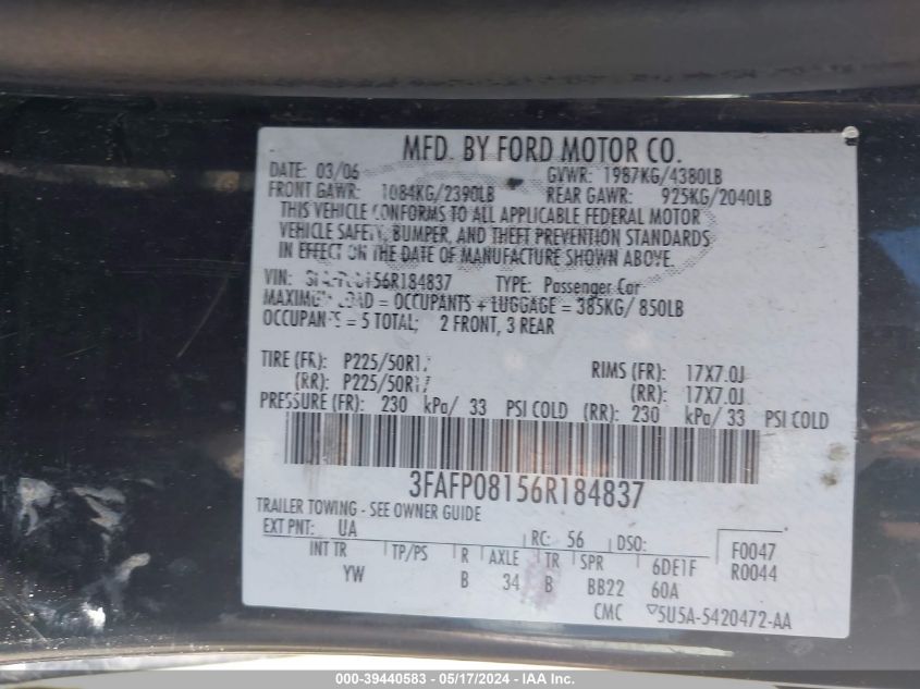 2006 Ford Fusion Sel VIN: 3FAFP08156R184837 Lot: 39440583