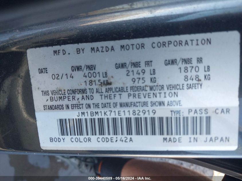 2014 Mazda Mazda3 I Sport VIN: JM1BM1K71E1182919 Lot: 39440589