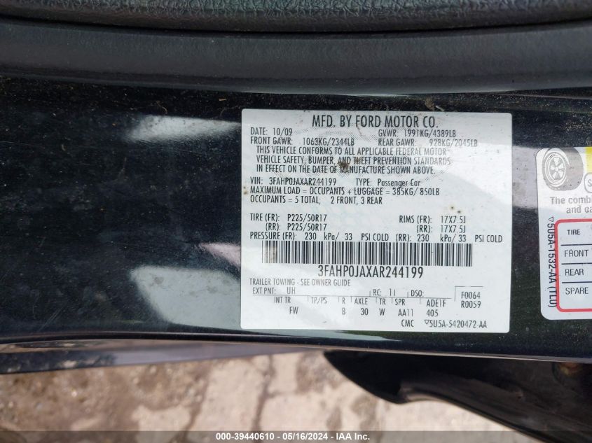 2010 Ford Fusion Sel VIN: 3FAHP0JAXAR244199 Lot: 39440610