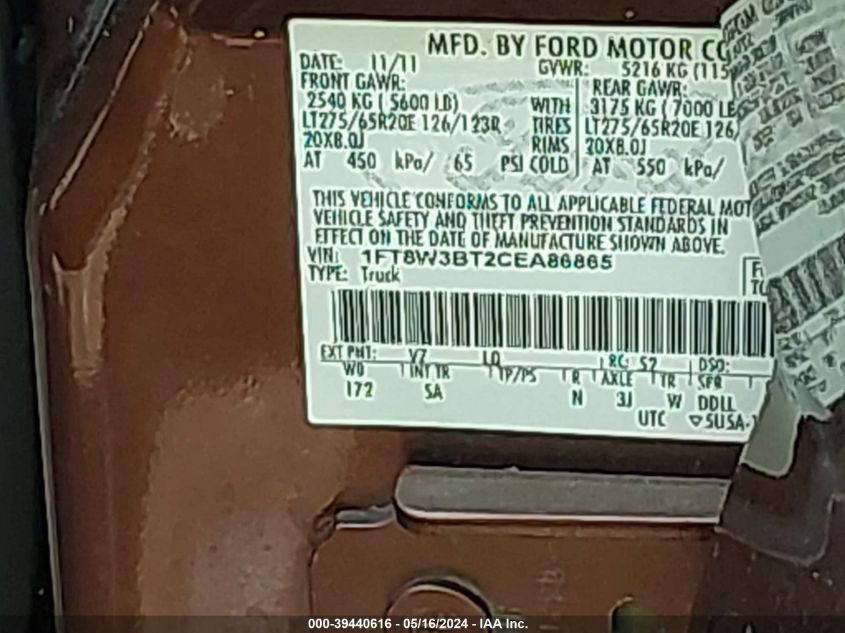 2012 Ford F-350 Lariat VIN: 1FT8W3BT2CEA86865 Lot: 39440616