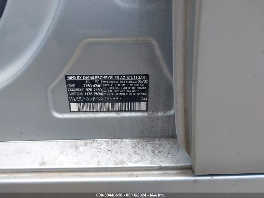 2003 Mercedes-Benz E 320 VIN: WDBUF65J93A065883 Lot: 39440618
