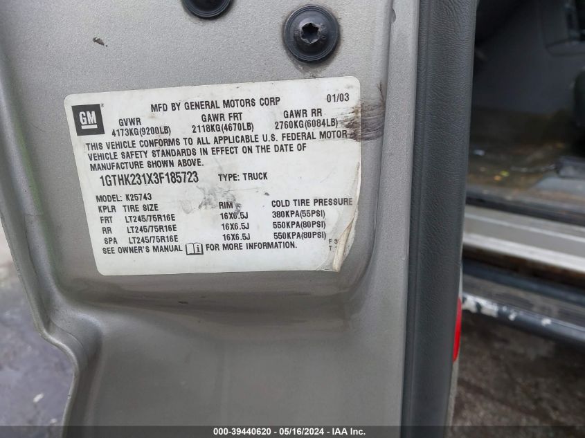 2003 GMC Sierra 2500Hd Slt VIN: 1GTHK231X3F185723 Lot: 39440620