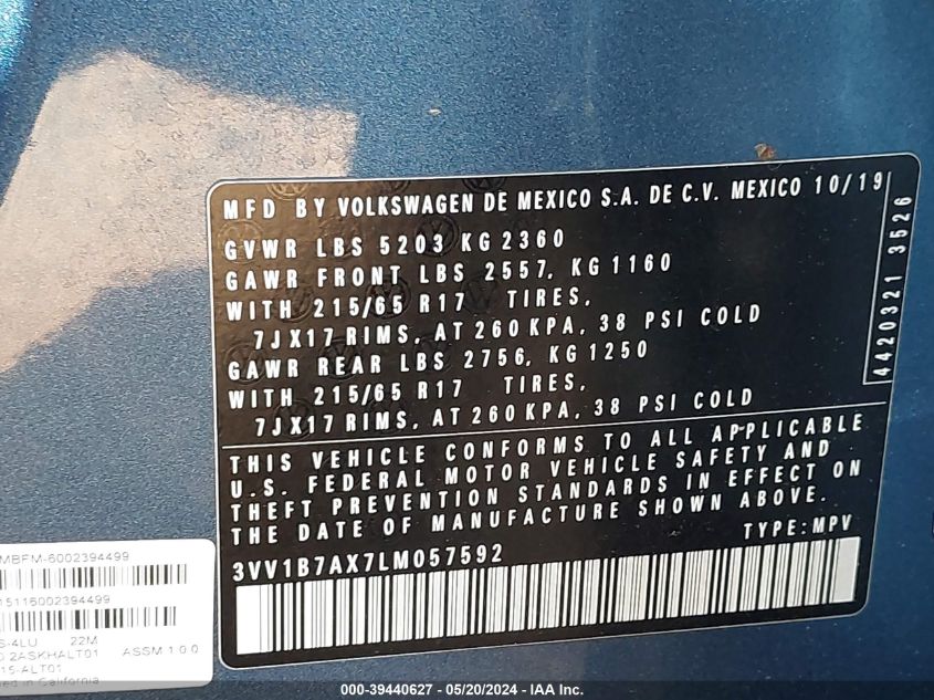 2020 Volkswagen Tiguan 2.0T S VIN: 3VV1B7AX7LM057592 Lot: 39440627