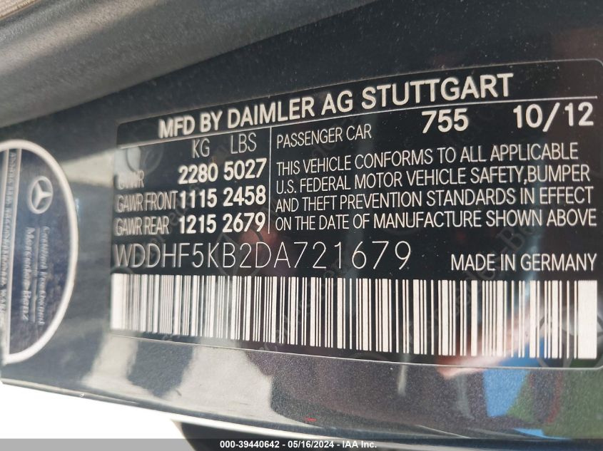 2013 Mercedes-Benz E 350 VIN: WDDHF5KB2DA721679 Lot: 39440642