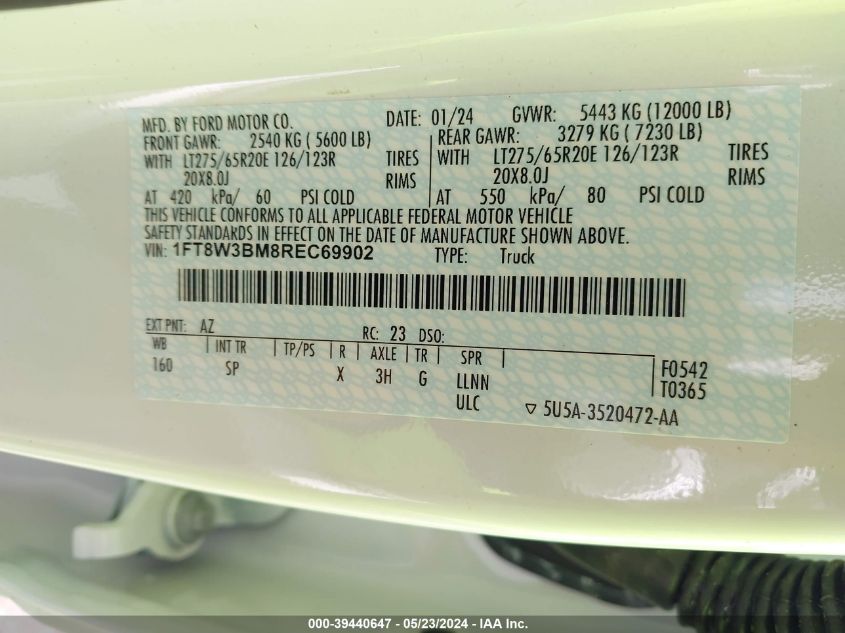 2024 Ford F-350 King Ranch VIN: 1FT8W3BM8REC69902 Lot: 39440647