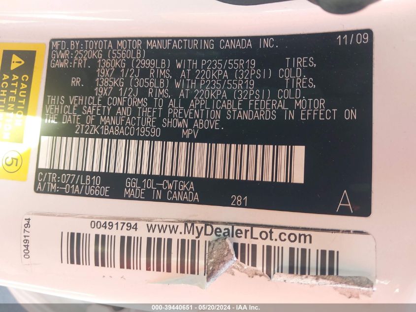 2010 Lexus Rx 350 VIN: 2T2ZK1BA8AC019590 Lot: 39440651