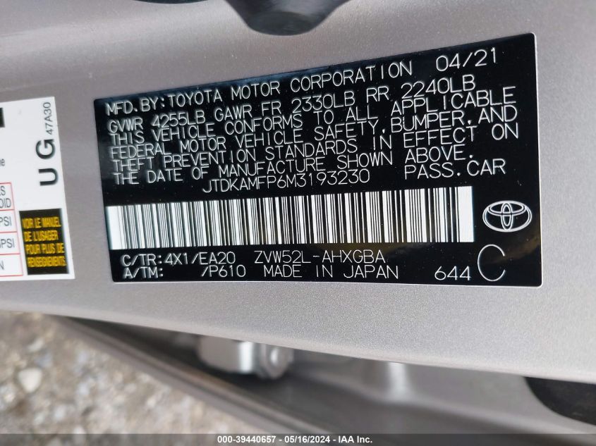 2021 Toyota Prius Prime Limited VIN: JTDKAMFP6M3193230 Lot: 39440657