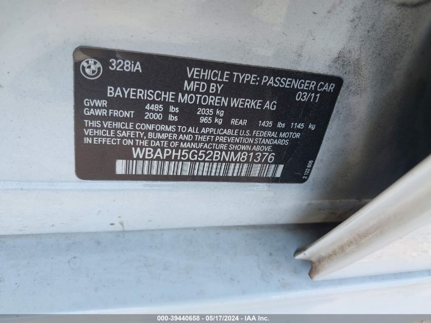 2011 BMW 328I VIN: WBAPH5G52BNM81376 Lot: 39440658