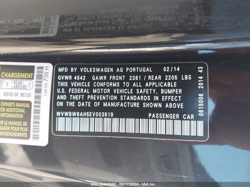 2014 Volkswagen Eos Komfort VIN: WVWBW8AH5EV003819 Lot: 39440660