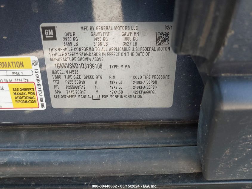 2013 GMC Acadia Slt-2 VIN: 1GKKVSKD1DJ189106 Lot: 39440662