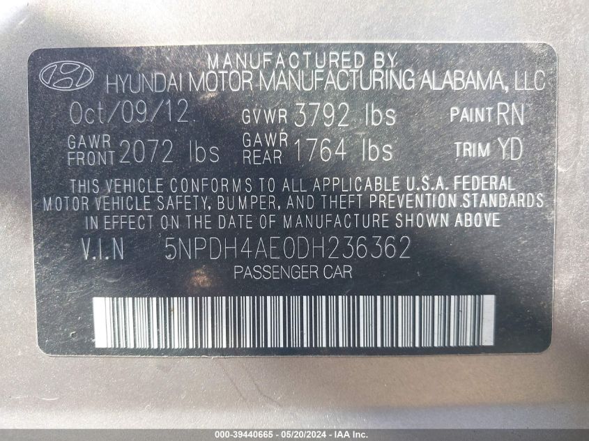 2013 Hyundai Elantra Gls/Limited VIN: 5NPDH4AE0DH236362 Lot: 39440665