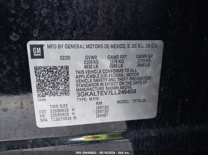 2020 GMC Terrain Awd Sle VIN: 3GKALTEV7LL249408 Lot: 39440683