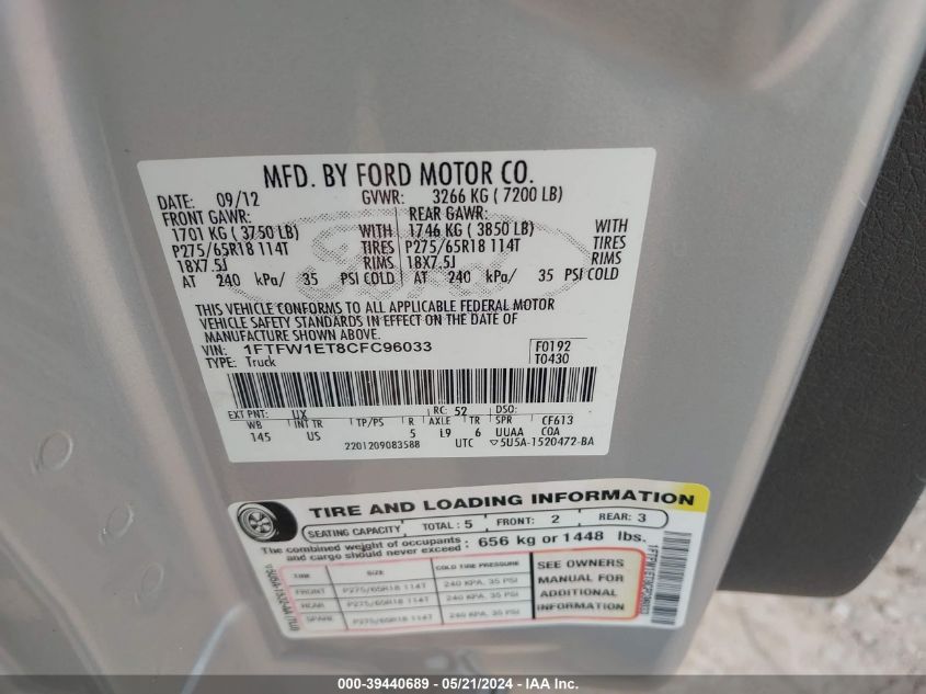 2012 Ford F-150 Xlt VIN: 1FTFW1ET8CFC96033 Lot: 39440689