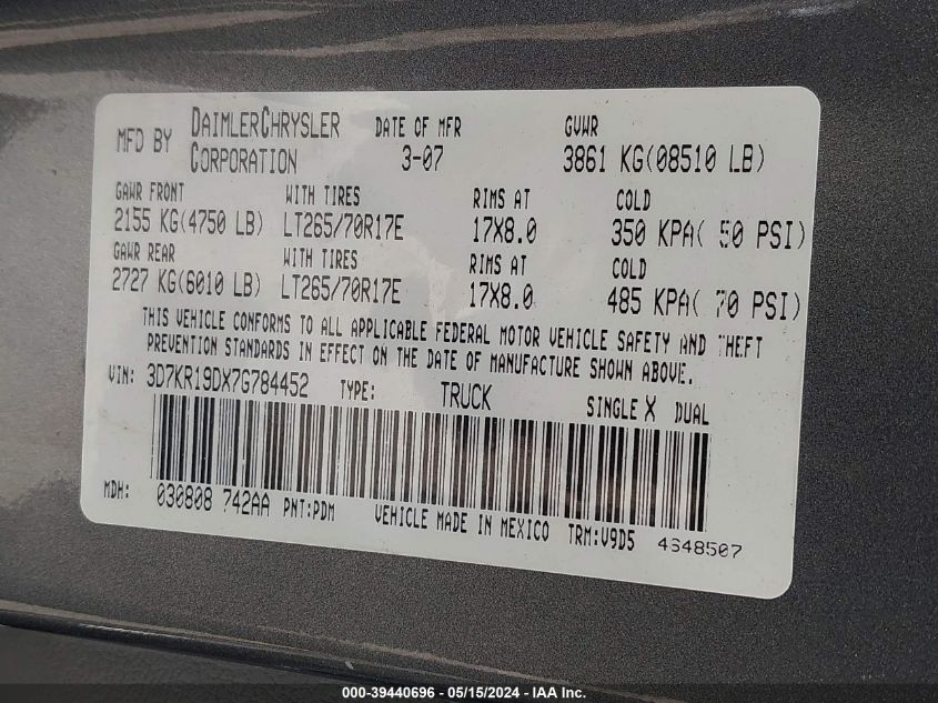 2007 Dodge Ram 1500 Slt VIN: 3D7KR19DX7G784452 Lot: 39440696