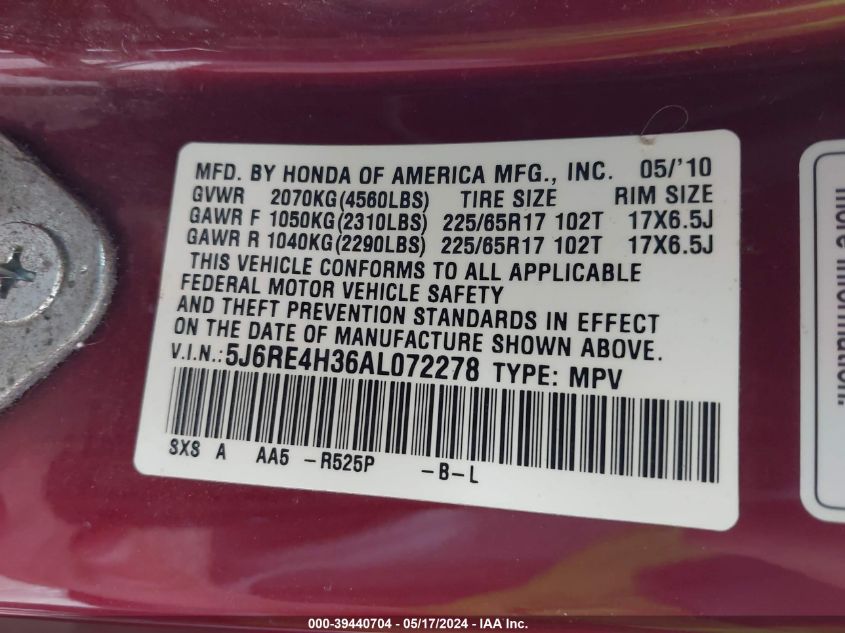 2010 Honda Cr-V Lx VIN: 5J6RE4H36AL072278 Lot: 39440704
