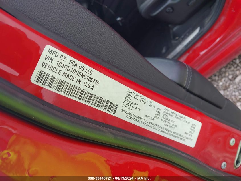 2022 Dodge Durango Gt Plus Awd VIN: 1C4RDJDG5NC105776 Lot: 39440721