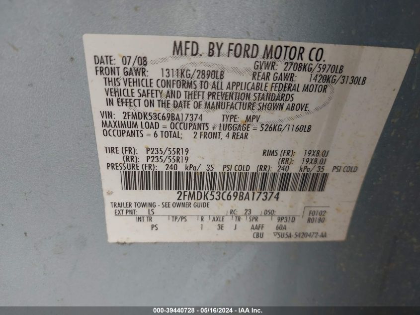 2009 Ford Flex Limited VIN: 2FMDK53C69BA17374 Lot: 39440728