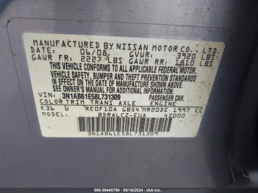 2008 Nissan Sentra 2.0 VIN: 3N1AB61E58L731309 Lot: 39440756