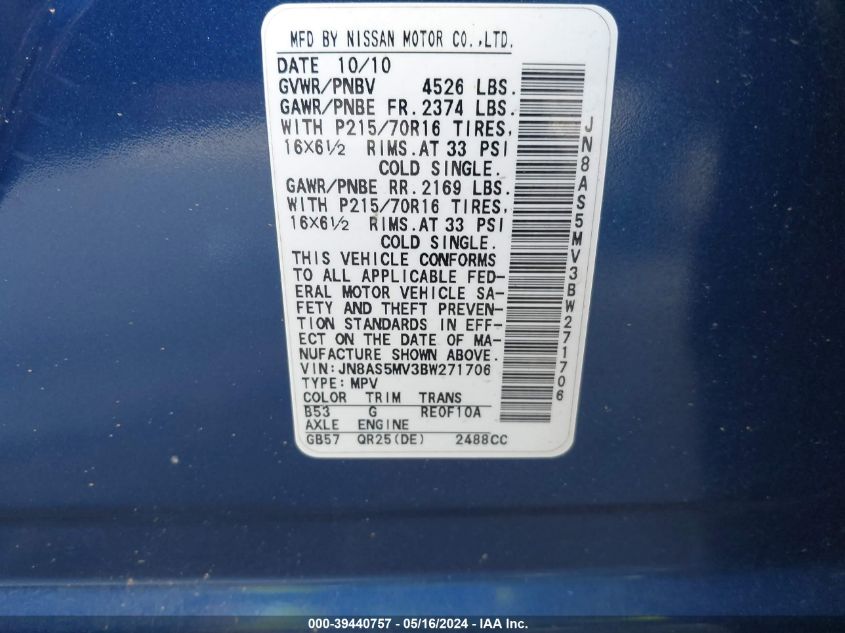 2011 Nissan Rogue S VIN: JN8AS5MV3BW271706 Lot: 39440757