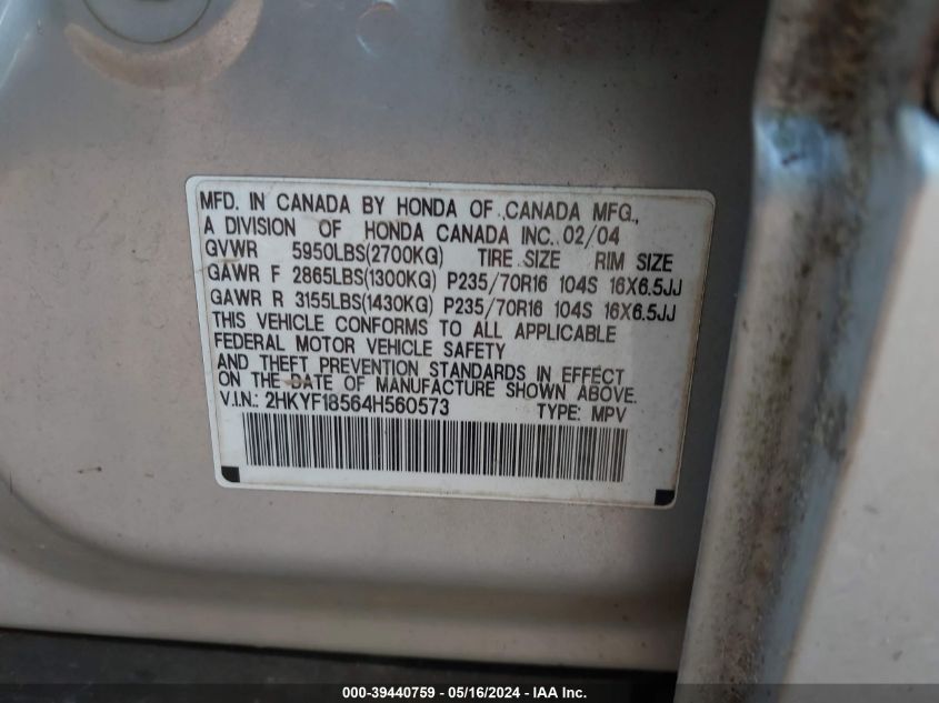2004 Honda Pilot Ex-L VIN: 2HKYF18564H560573 Lot: 39440759