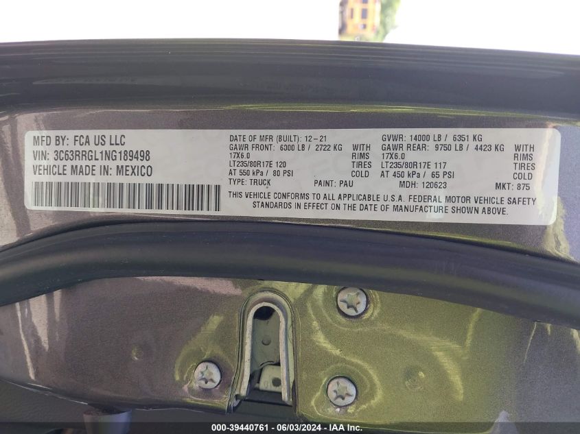 2022 Ram 3500 Tradesman VIN: 3C63RRGL1NG189498 Lot: 39440761