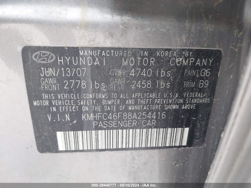 2008 Hyundai Azera Limited VIN: KMHFC46F88A254416 Lot: 39440777