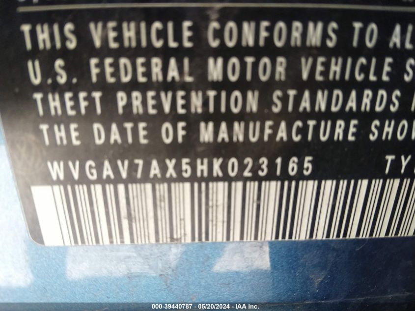 2017 Volkswagen Tiguan 2.0T/2.0T S VIN: WVGAV7AX5HK023165 Lot: 39440787