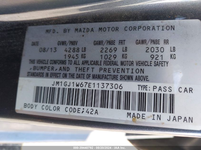 2014 Mazda Mazda6 I Grand Touring VIN: JM1GJ1W67E1137306 Lot: 39440792