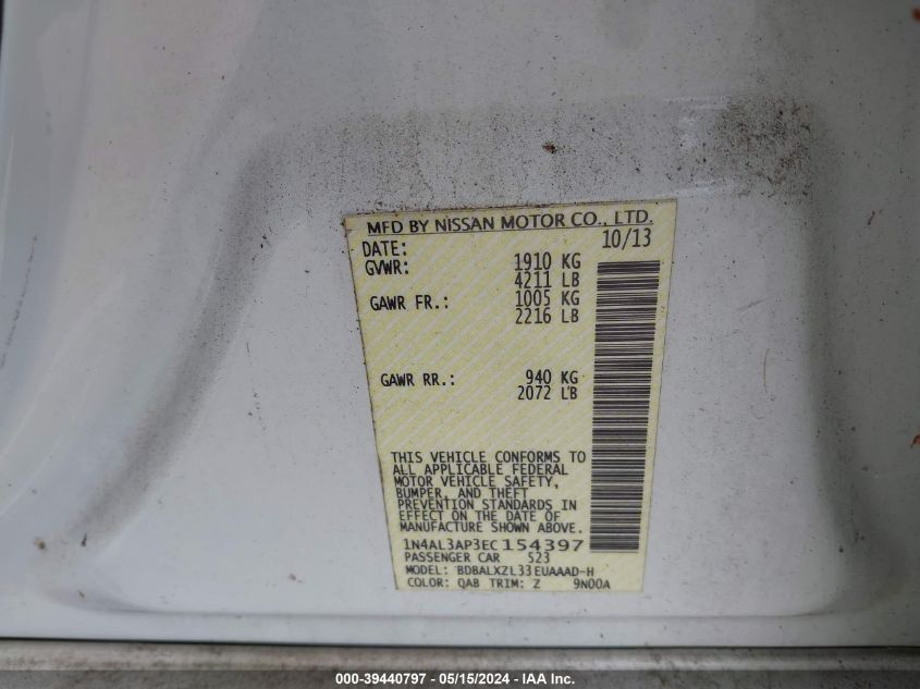 2014 Nissan Altima 2.5 Sl VIN: 1N4AL3AP3EC154397 Lot: 39440797