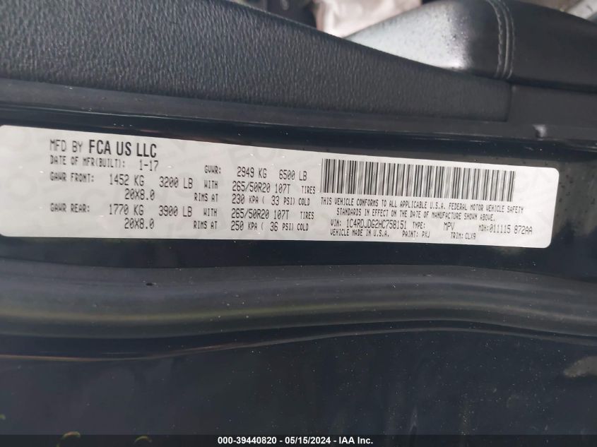 2017 Dodge Durango Gt Awd VIN: 1C4RDJDG2HC758151 Lot: 39440820