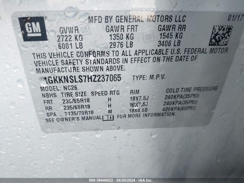 2017 GMC ACADIA SLE-2 - 1GKKNSLS7HZ237065