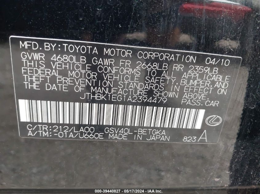 2010 Lexus Es 350 VIN: JTHBK1EG1A2394479 Lot: 39440827