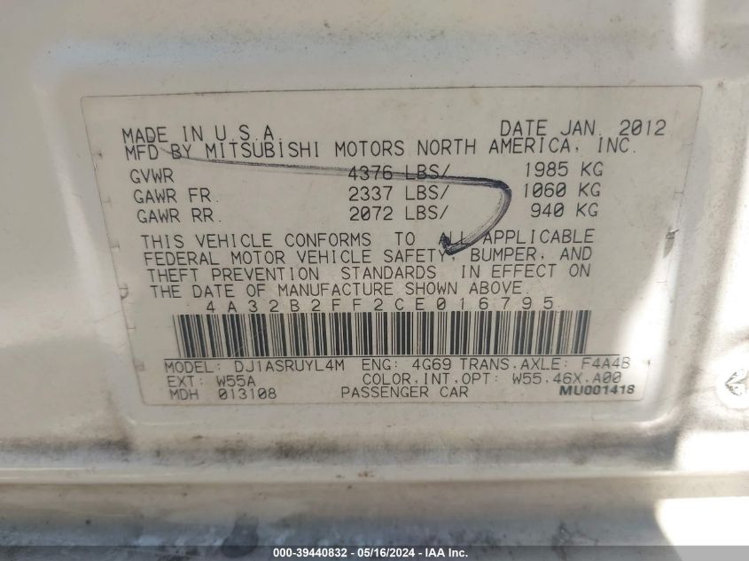 2012 Mitsubishi Galant Fe VIN: 4A32B2FF2CE016795 Lot: 39440832