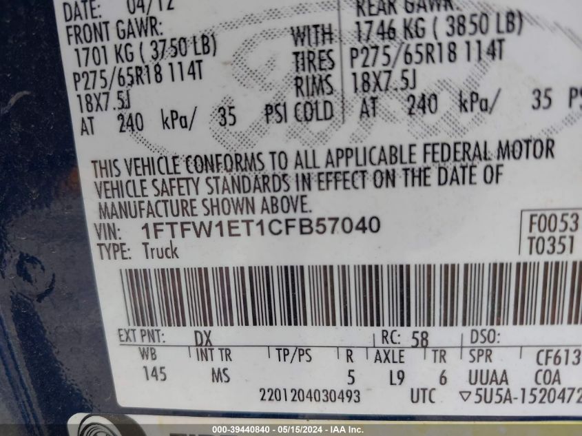 2012 Ford F-150 Xlt VIN: 1FTFW1ET1CFB57040 Lot: 39440840