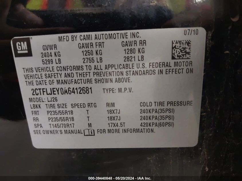 2010 GMC Terrain Slt-2 VIN: 2CTFLJEY0A6412681 Lot: 39440848